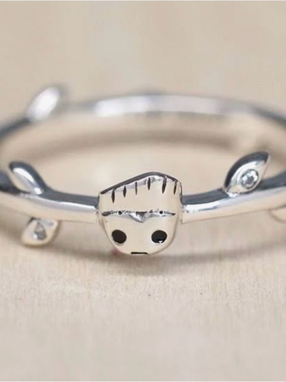 Cute Silver Tone Character Ring with Crystal Accents